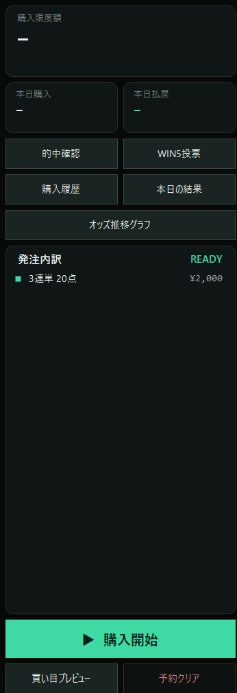 OddsEdge Light のサイドバー拡大。購入限度額、本日購入・本日払戻、的中確認／WIN5投票／購入履歴／本日の結果／オッズ推移グラフのボタン、発注内訳（3連単 20点 ¥2,000 / READY）、購入開始ボタン。